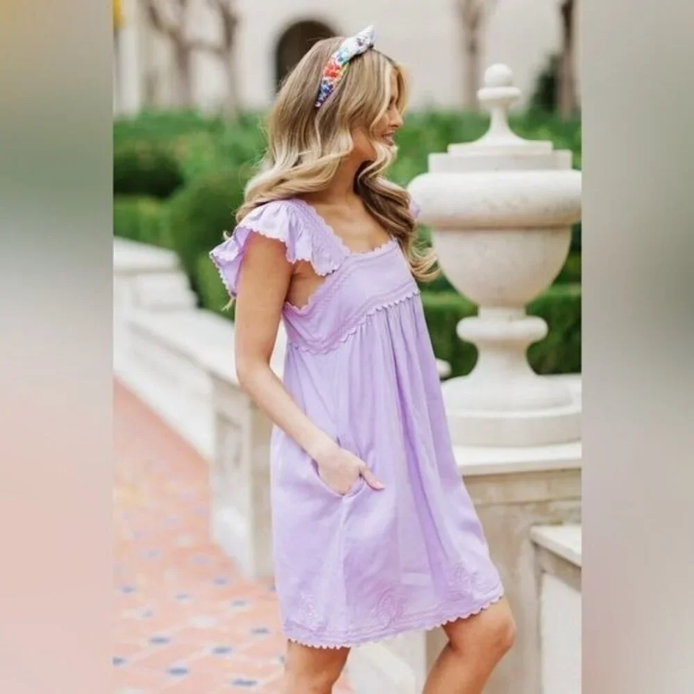 J. Marie Beckley Lavender Embroidered Ruffle Dress XS-L | Cottagecore, Pastel - Picture 3 of 5